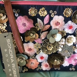 Sondra Roberts Sequin & Embroidered Denim Zipper Clutch-NWT-Boutique